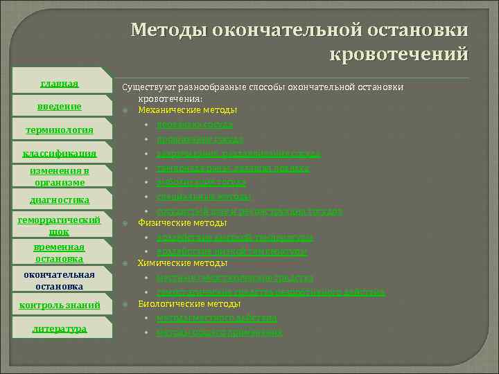Методы окончательной остановки кровотечений главная введение терминология классификация изменения в организме диагностика геморрагический шок