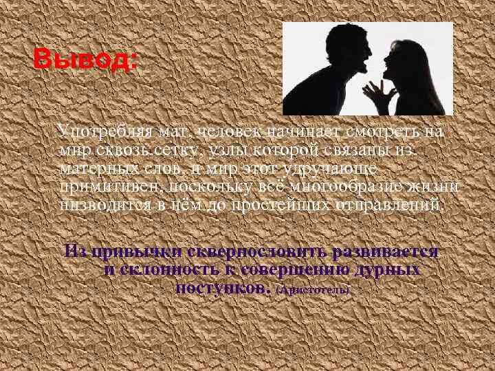 Вывод: Употребляя мат, человек начинает смотреть на мир сквозь сетку, узлы которой связаны из