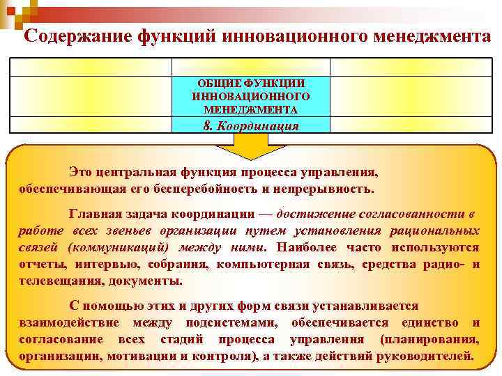 Содержание функций инновационного менеджмента ОБЩИЕ ФУНКЦИИ ИННОВАЦИОННОГО МЕНЕДЖМЕНТА 8. Координация Это центральная функция процесса