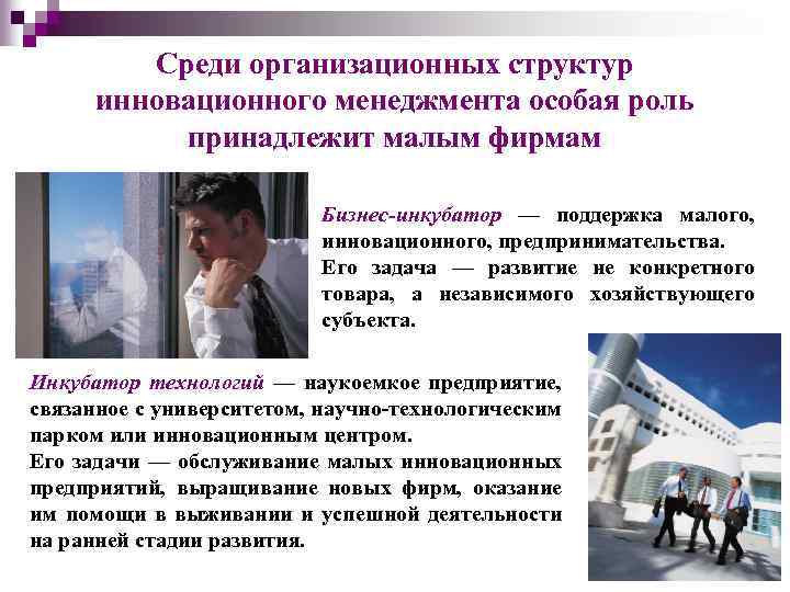 Среди организационных структур инновационного менеджмента особая роль принадлежит малым фирмам Бизнес-инкубатор — поддержка малого,