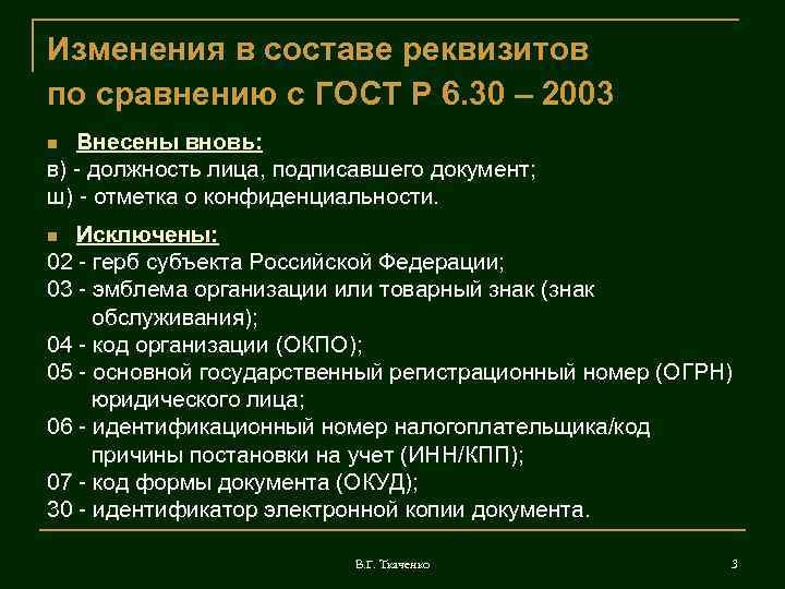Изменения в составе реквизитов по сравнению с ГОСТ Р 6. 30 – 2003 Внесены