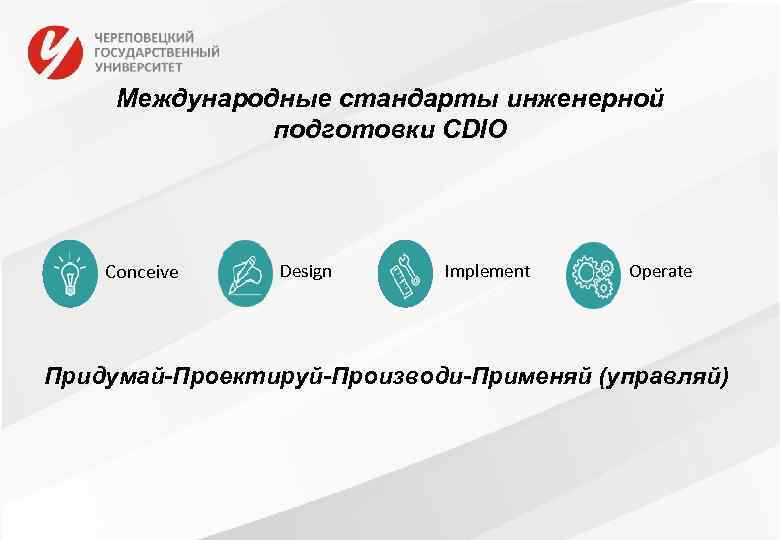 Международные стандарты инженерной подготовки CDIO Conceive Design Implement Operate Придумай-Проектируй-Производи-Применяй (управляй) 