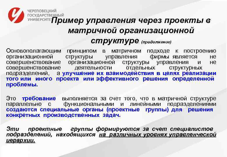 Пример управления через проекты в матричной организационной структуре (продолжение) Основополагающим принципом в матричном подходе