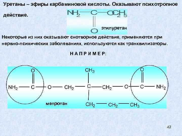Уретаны – эфиры карбаминовой кислоты. Оказывают психотропное действие. этилуретан Некоторые из них оказывают снотворное
