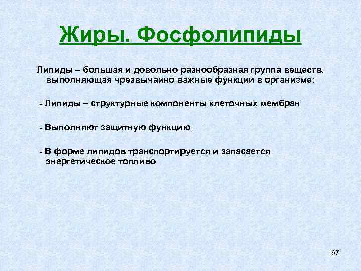 Жиры. Фосфолипиды Липиды – большая и довольно разнообразная группа веществ, выполняющая чрезвычайно важные функции