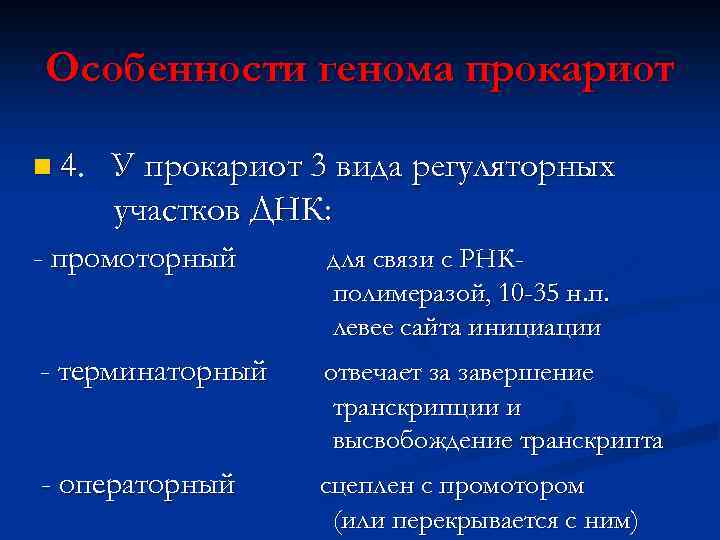 Особенности генома прокариот n 4. У прокариот 3 вида регуляторных участков ДНК: - промоторный