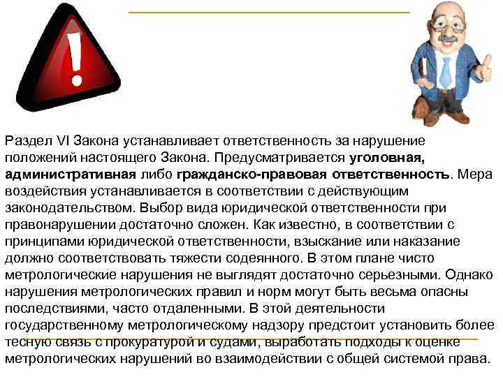 Раздел VI Закона устанавливает ответственность за нарушение положений настоящего Закона. Предусматривается уголовная, административная либо