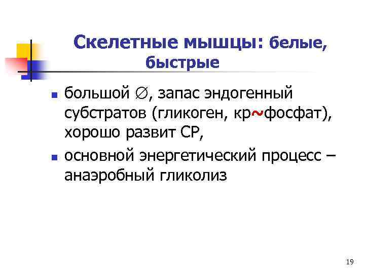 Скелетные мышцы: белые, быстрые n n большой , запас эндогенный субстратов (гликоген, кр~фосфат), хорошо