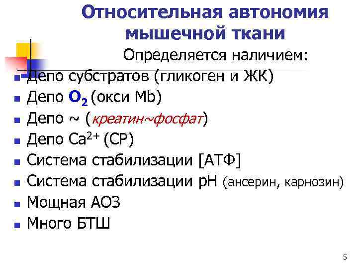Относительная автономия мышечной ткани n n n n Определяется наличием: Депо субстратов (гликоген и