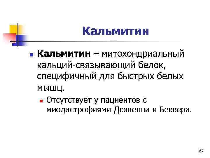 Кальмитин n Кальмитин – митохондриальный кальций-связывающий белок, специфичный для быстрых белых мышц. n Отсутствует