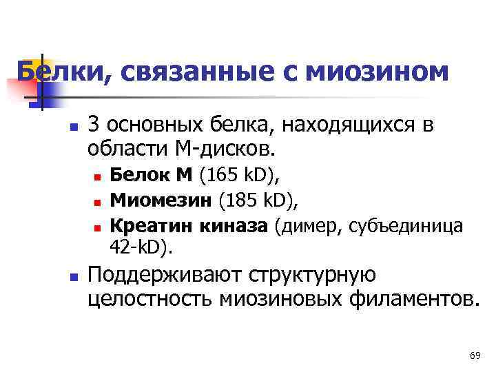 Белки, связанные с миозином n 3 основных белка, находящихся в области М-дисков. n n