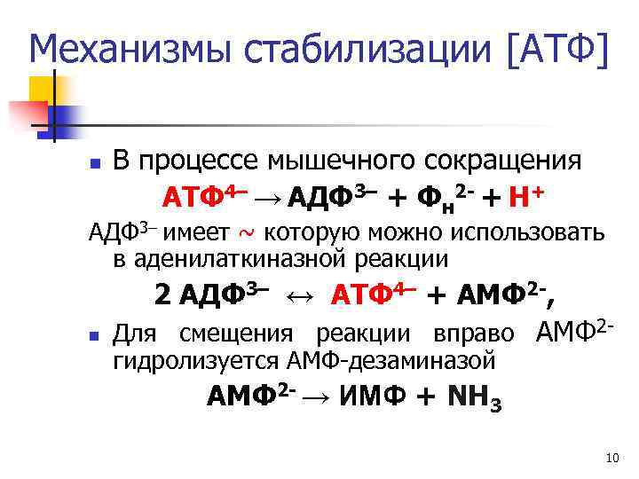 Механизмы стабилизации [АТФ] n В процессе мышечного сокращения АТФ 4– → АДФ 3– +