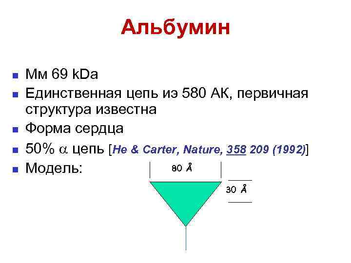 Альбумин n n n Мм 69 k. Da Единственная цепь иэ 580 АК, первичная