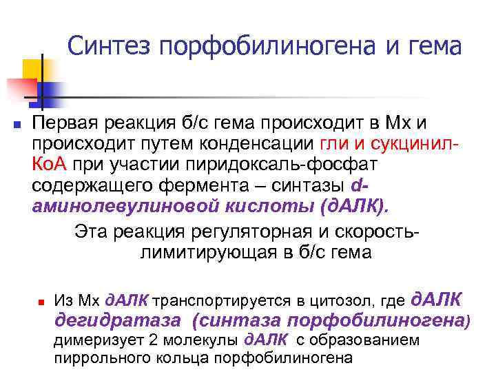 Синтез порфобилиногена и гема n Первая реакция б/с гема происходит в Мх и происходит