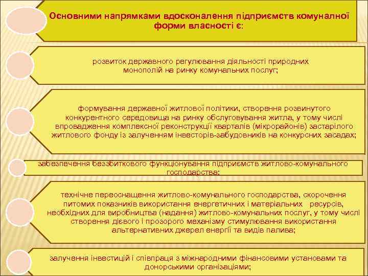 Основними напрямками вдосконалення підприємств комуналної форми власності є: розвиток державного регулювання діяльності природних монополій