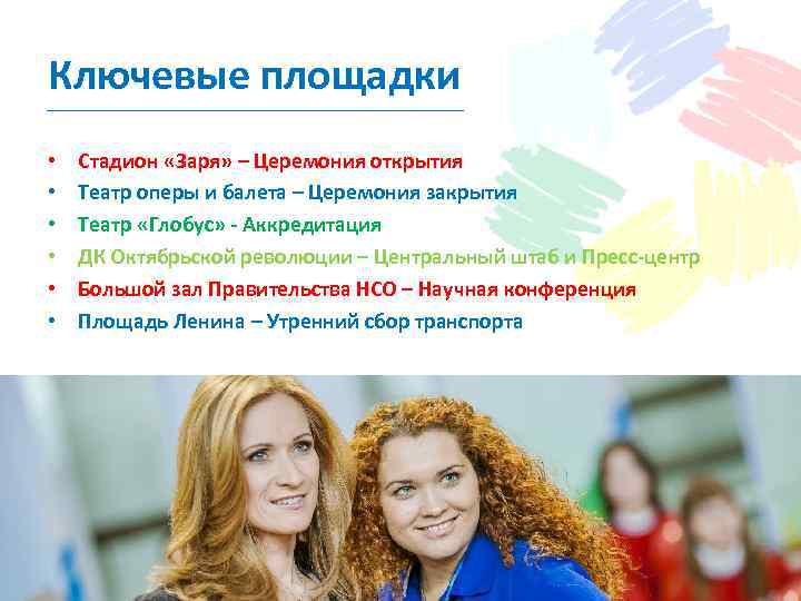 Ключевые площадки • • • Стадион «Заря» – Церемония открытия Театр оперы и балета