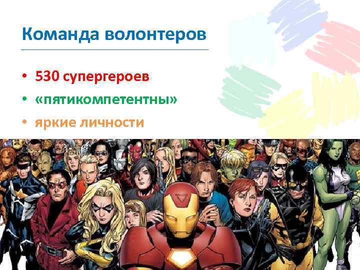 Команда волонтеров • 530 супергероев • «пятикомпетентны» • яркие личности 