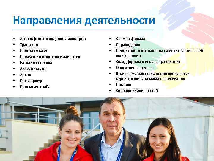 Направления деятельности • • • Атташе (сопровождение делегаций) Транспорт Приезд-отъезд Церемонии открытия и закрытия