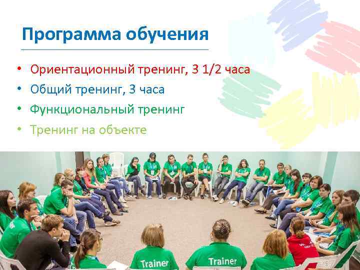Программа обучения • • Ориентационный тренинг, 3 1/2 часа Общий тренинг, 3 часа Функциональный