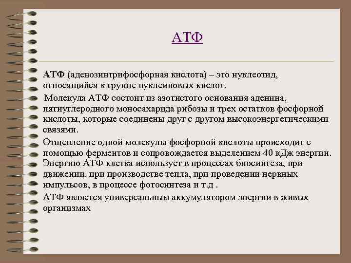 АТФ (аденозинтрифосфорная кислота) – это нуклеотид, относящийся к группе нуклеиновых кислот. Молекула АТФ состоит