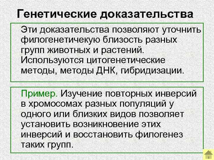 Генетические доказательства Эти доказательства позволяют уточнить филогенетичекую близость разных групп животных и растений. Используются
