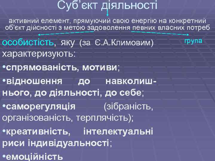 Суб’єкт діяльності активний елемент, прямуючий свою енергію на конкретний об’єкт дійсності з метою задоволення