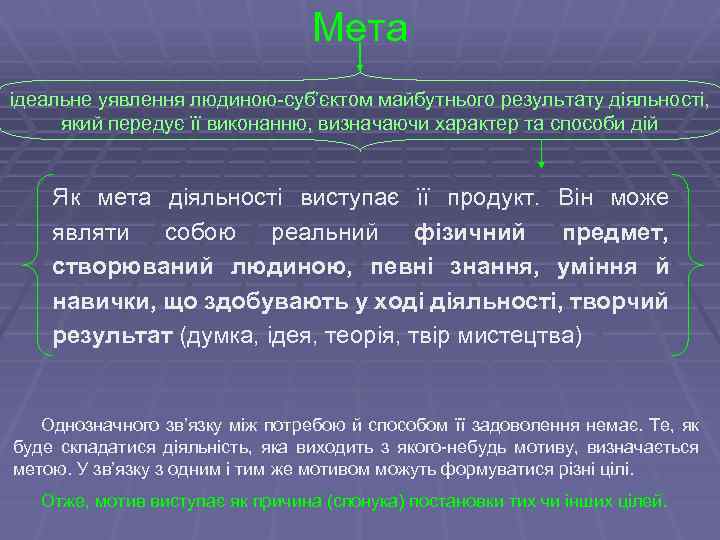 Мета ідеальне уявлення людиною-суб’єктом майбутнього результату діяльності, який передує її виконанню, визначаючи характер та