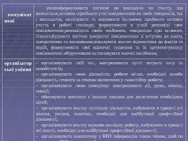  умінняформулювати питання до викладача чи тексту, що комунікат вивчається; активно сприймати усні повідомлення