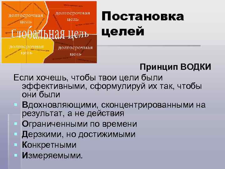 Постановка целей Принцип ВОДКИ Если хочешь, чтобы твои цели были эффективными, сформулируй их так,