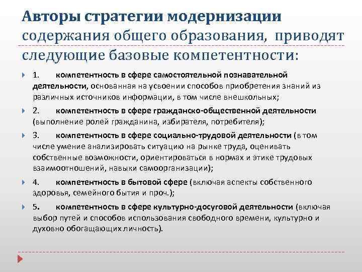 Авторы стратегии модернизации содержания общего образования, приводят следующие базовые компетентности: 1. компетентность в сфере