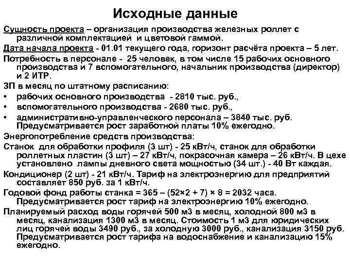 Исходные данные Сущность проекта – организация производства железных роллет с различной комплектацией и цветовой