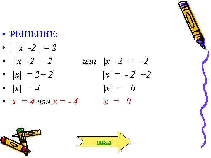  • • • РЕШЕНИЕ: | |x| -2 | = 2 |x| -2 =