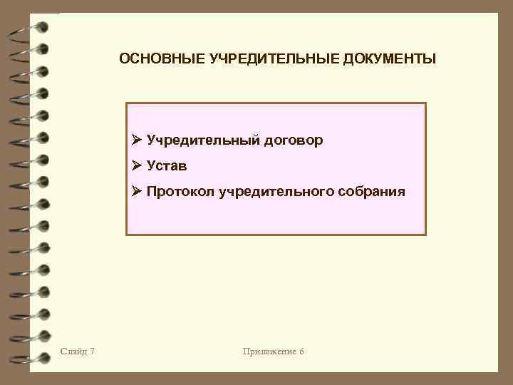 ОСНОВНЫЕ УЧРЕДИТЕЛЬНЫЕ ДОКУМЕНТЫ Учредительный договор Устав Протокол учредительного собрания Слайд 7 Приложение 6 