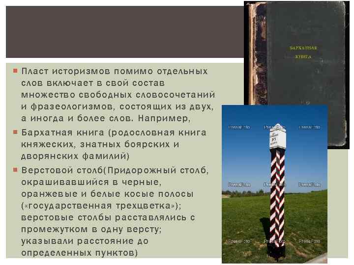  Пласт историзмов помимо отдельных слов включает в свой состав множество свободных словосочетаний и