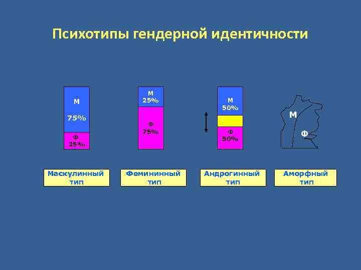 Психотипы гендерной идентичности М 75% Ф 25% Маскулинный тип М 25% Ф 75% Фемининный