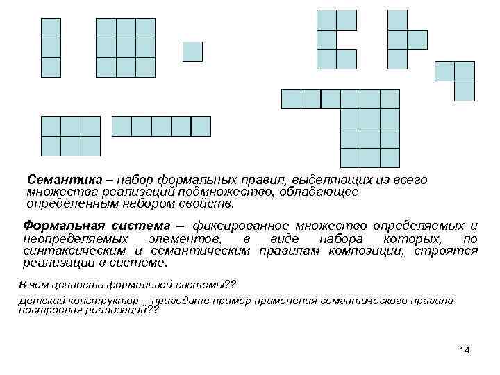 Семантика – набор формальных правил, выделяющих из всего множества реализаций подмножество, обладающее определенным набором
