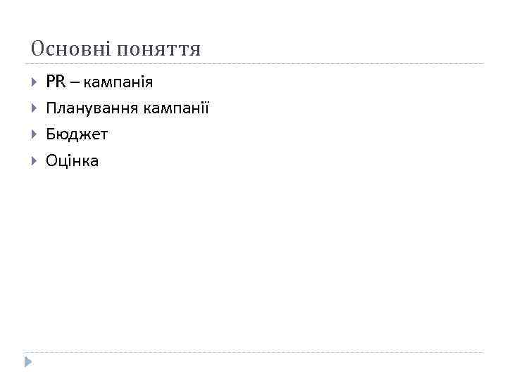 Основні поняття PR – кампанія Планування кампанії Бюджет Оцінка 