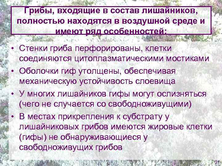 Грибы, входящие в состав лишайников, полностью находятся в воздушной среде и имеют ряд особенностей: