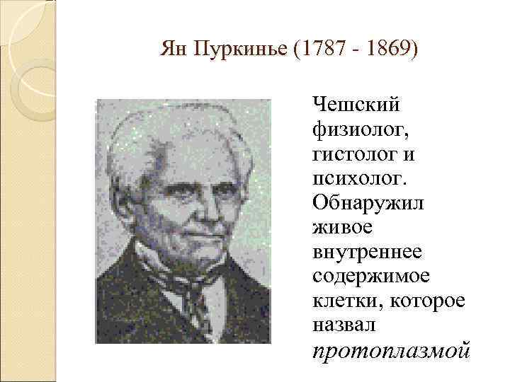 Ян Пуркинье (1787 - 1869) Чешский физиолог, гистолог и психолог. Обнаружил живое внутреннее содержимое