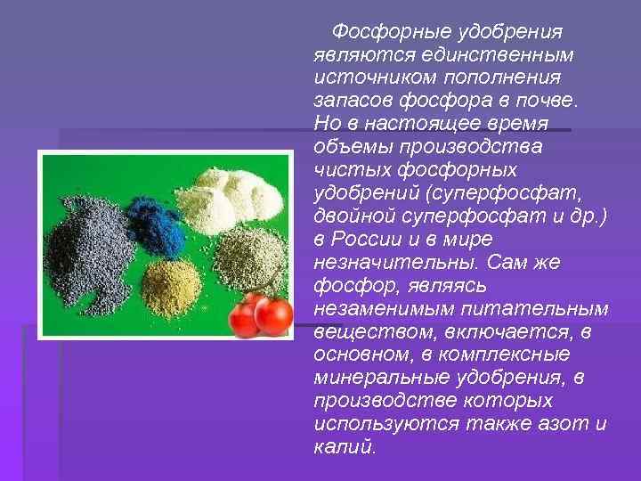 Фосфорные удобрения являются единственным источником пополнения запасов фосфора в почве. Но в настоящее время