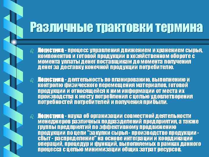 Различные трактовки термина b Логистика - процесс управления движением и хранением сырья, компонентов и