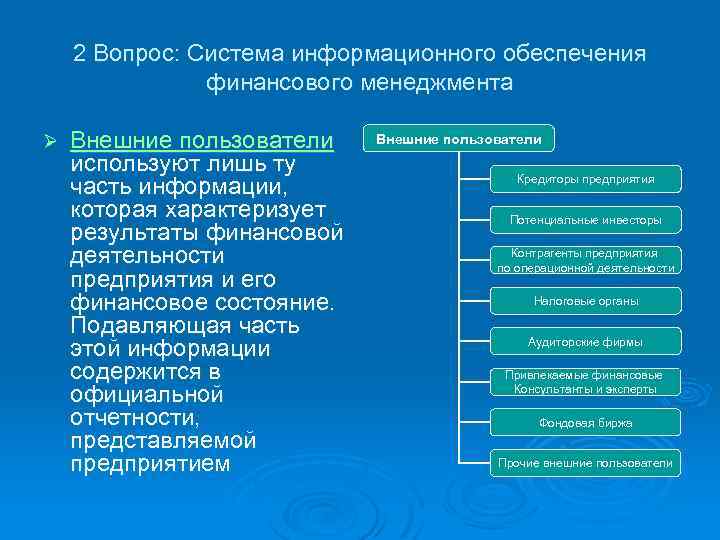 2 Вопрос: Система информационного обеспечения финансового менеджмента Ø Внешние пользователи используют лишь ту часть