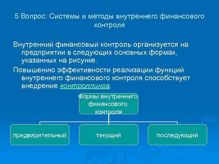 5 Вопрос: Системы и методы внутреннего финансового контроля Внутренний финансовый контроль организуется на предприятии