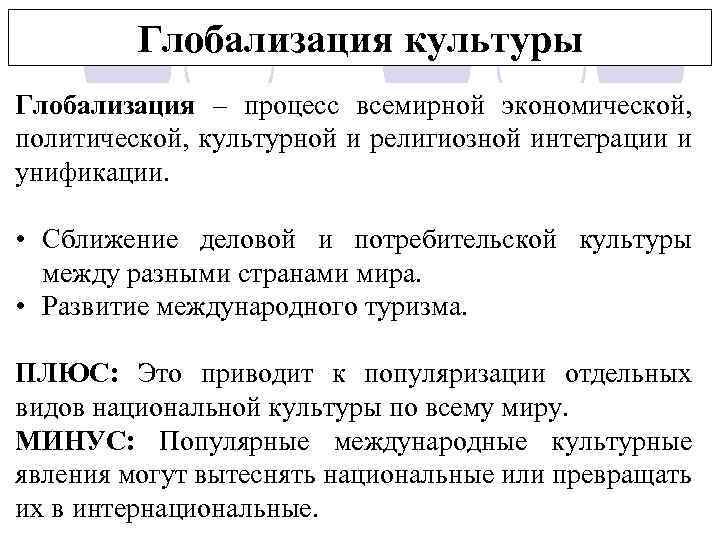 Глобализация культуры Глобализация – процесс всемирной экономической, политической, культурной и религиозной интеграции и унификации.