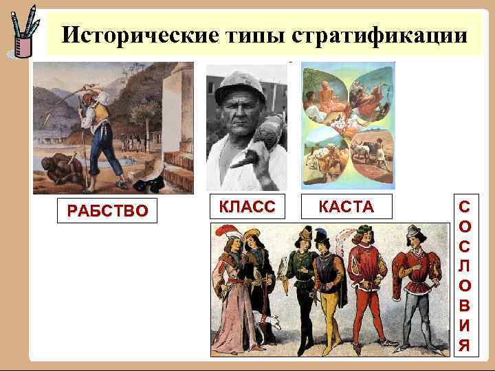 Исторические типы стратификации РАБСТВО КЛАСС КАСТА С О С Л О В И Я