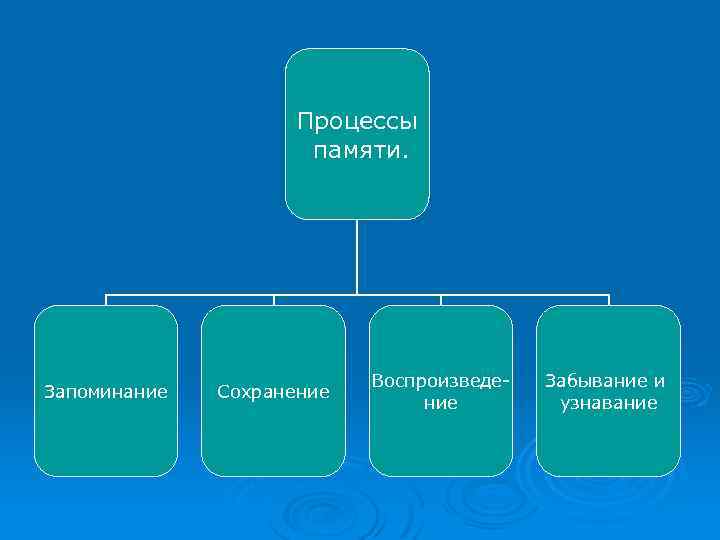 Процессы памяти. Запоминание Сохранение Воспроизведение Забывание и узнавание 