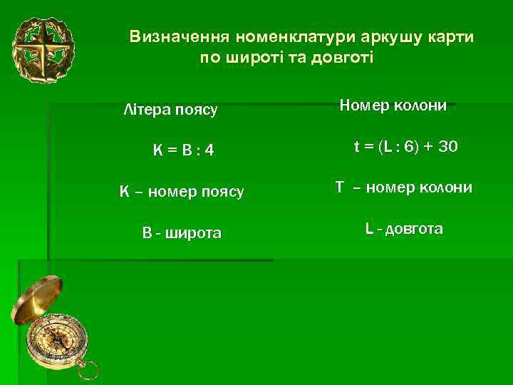 Визначення номенклатури аркушу карти по широті та довготі Літера поясу Номер колони K=В: 4