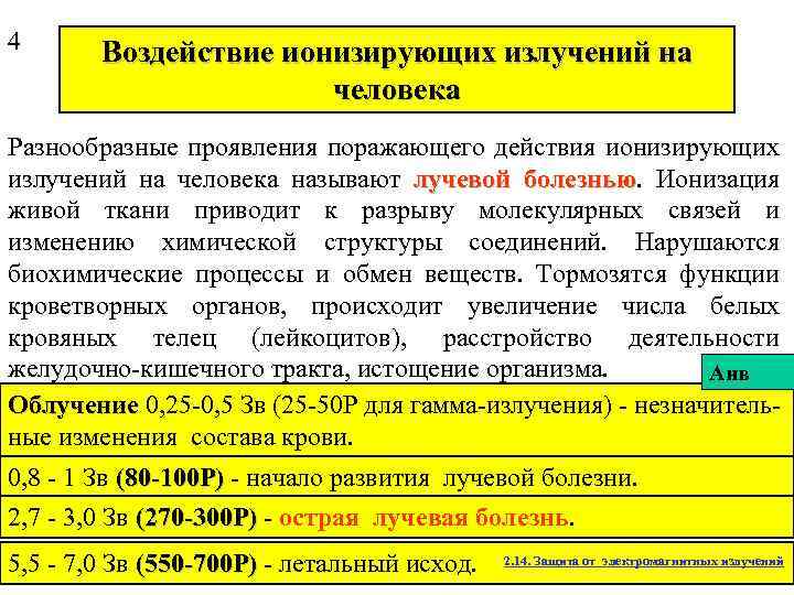 4 Воздействие ионизирующих излучений на человека Разнообразные проявления поражающего действия ионизирующих излучений на человека