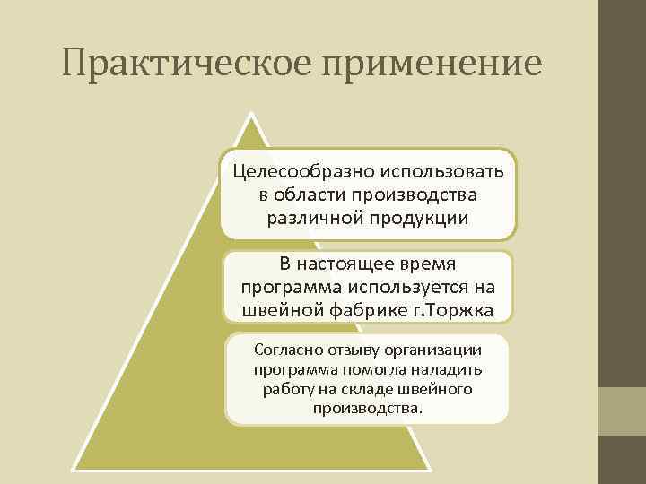 Практическое применение Целесообразно использовать в области производства различной продукции В настоящее время программа используется
