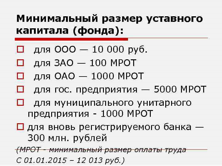 Минимальный размер уставного капитала (фонда): для ООО — 10 000 руб. для ЗАО —